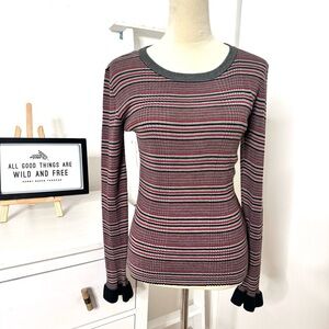 Red Valentino Womens 100% Wool Red Stripe Crew Neck Ruffle Cuffs Sweatshirt Med
